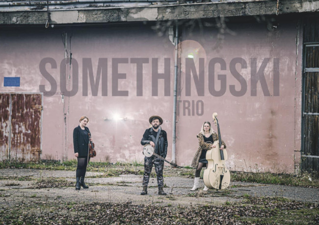 Drei Personen stehen vor einer Industriewand. Daran steht "Somethingski Trio". Die Personen halten Instrumente in den Händen. Die mittlere Person trägt einen Hut. Die Wand im Hintergrund ist altrosa.